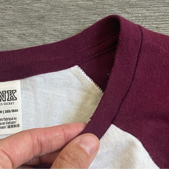 Victoria’s Secret PINK Nation Baseball Tee Oversized XS Maroon White - Picture 9 of 12
